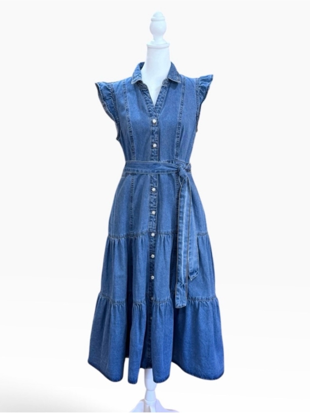 crown & ivy Sleeveless Button-Front Denim Midi Dress in Blue Size 10P